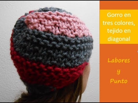 Gorro diagonal 3 colores a dos agujas